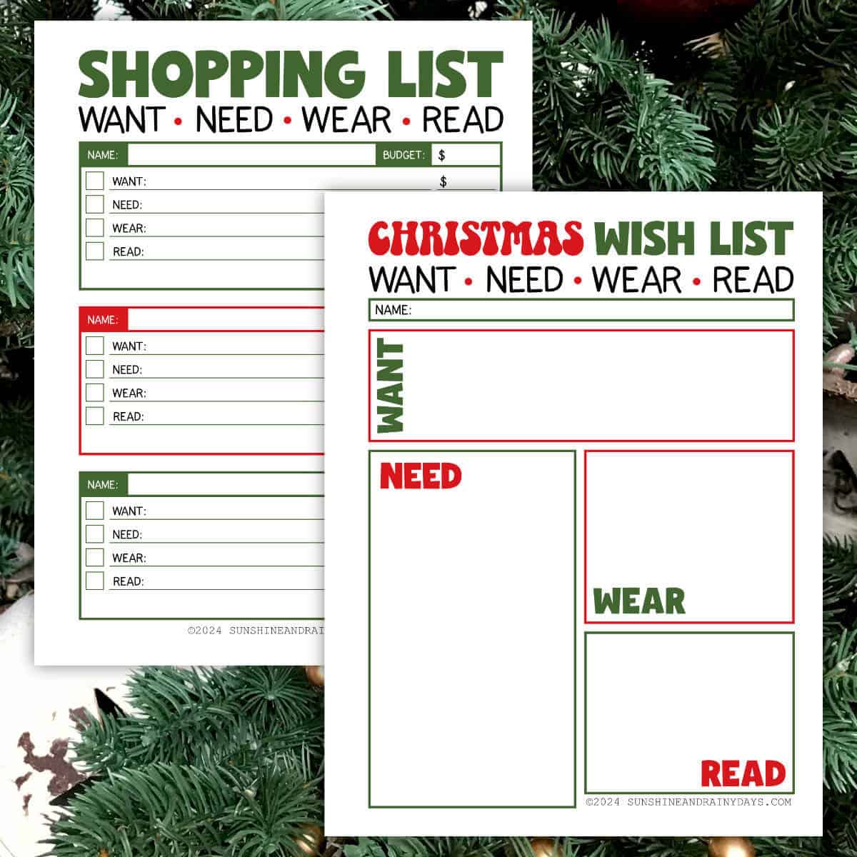 christmas want, need, wear, read shopping and wish list - sunshine